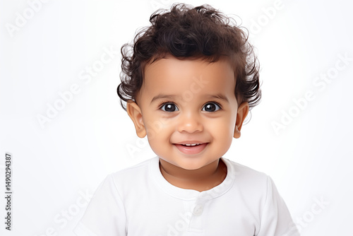 Smiling Indian Baby on White Background – Happy Infant Portrait, Isolated Cute Newborn with Traditional Features, Studio Shot for Family, Parenting, Culture or Healthcare Concepts