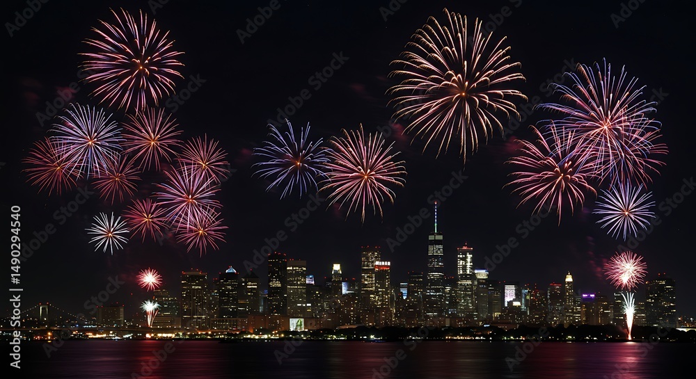 Fototapeta premium Vibrant fireworks illuminate the night sky over a city skyline, reflecting on the water below, creating a dazzling display of light