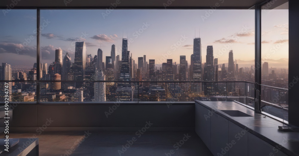 Obraz premium Sleek city skyline view from modern high-rise condo , kitchen, day
