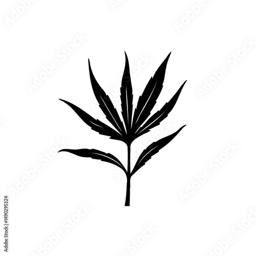 Stylized cannabis leaf design rendered in stark black against a white field