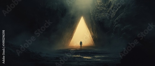 A man stands in front of a large triangular opening in a cave