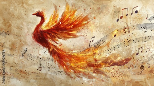 Fiery phoenix soaring amidst musical notes.