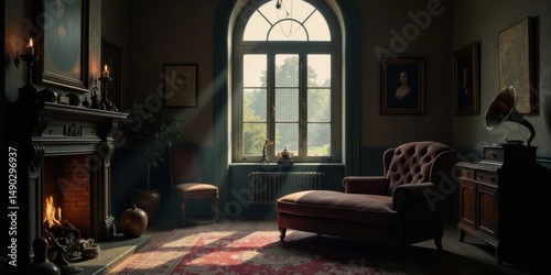 Wallpaper Mural Sunlit antique chaise lounge in a dimly lit vintage room with fireplace Torontodigital.ca