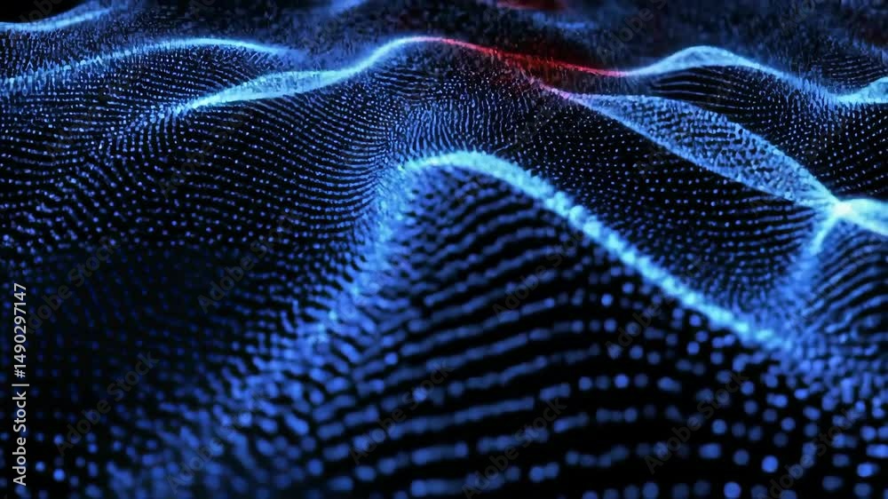 Abstract blue particle wave motion background with glowing dots and lines for presentation