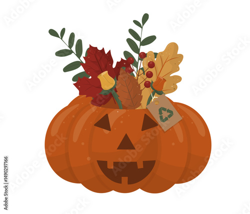 Eco-Friendly Halloween Pumpkin with Autumn Foliage. jack-o-lantern pumpkin filled with colorful fall leaves, featuring a recycling tag for sustainable Halloween decoration. Vector illustration
