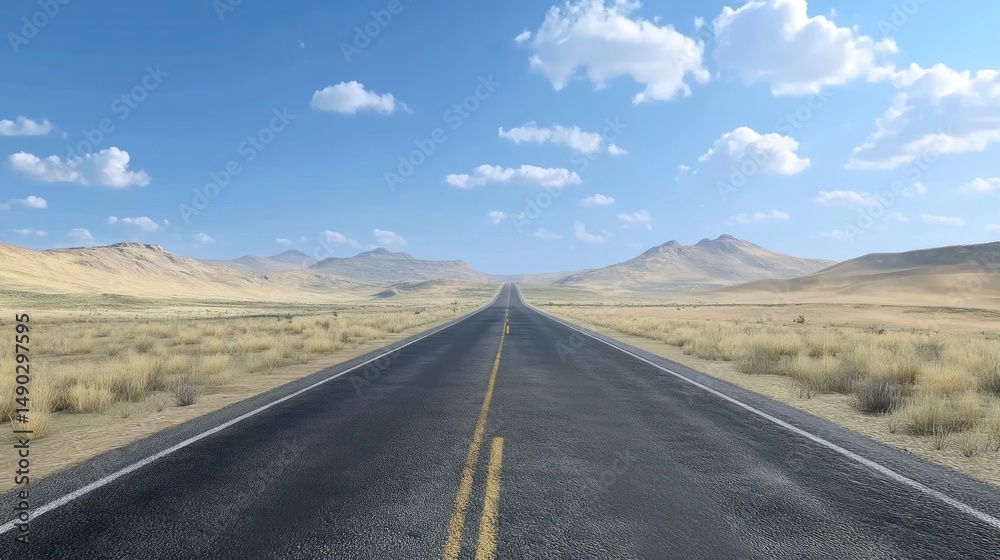 Endless Asphalt Road Through Desert Landscape Under Blue Sky Endless Asphalt Road Through Desert Landscape Under Blue Sky