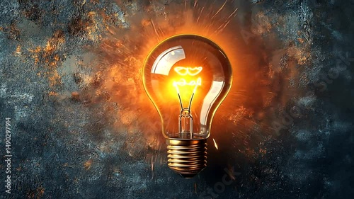 A glowing light bulb illuminating a textured wall with sparks, symbolizing creativity and innovation