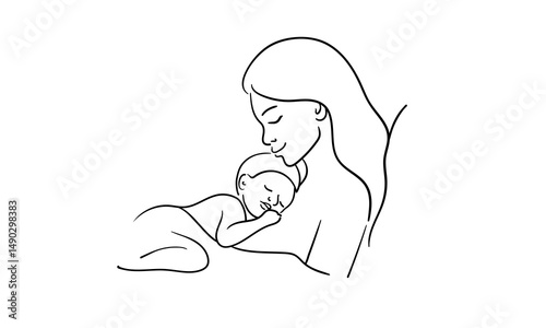Woman hugs her newborn sleeping baby, continious line drawing. Mother`s day outline. Vector illustration