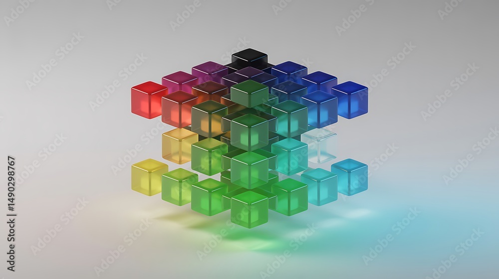 Obraz premium Abstract 3D Rendering of Colorful Glass Cubes in a Complex Structure