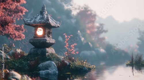 Tranquil Japanese Garden with Lantern and Reflective Water Setting