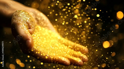 A hand releasing shimmering golden particles against a blurred backdrop of warm lights