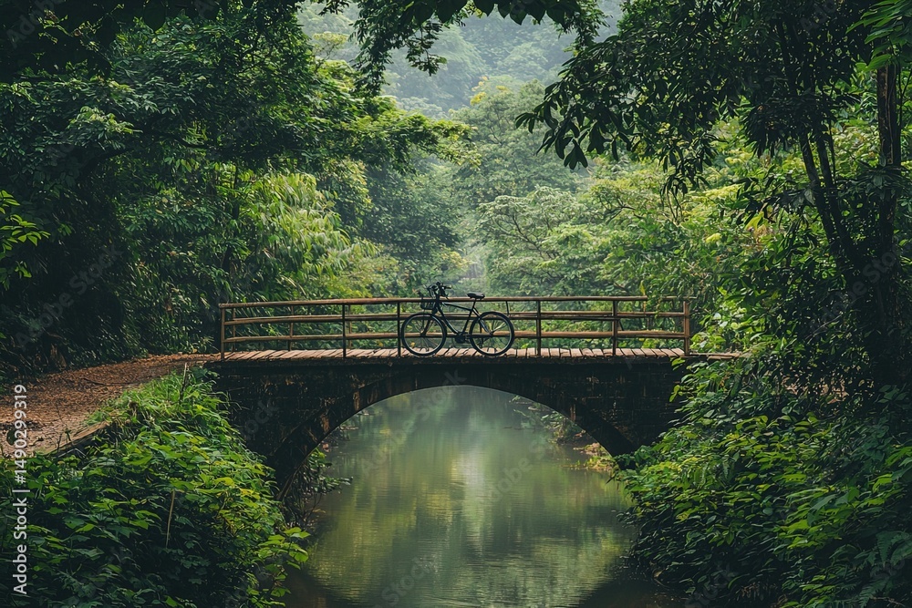 Fototapeta premium classic bicycle resting on old rustic bridge amidst dense greenery and reflecting water. soft daylight creates serene and soothing atmosphere, capturing quiet beauty of nature.