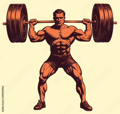 The strongman lifts the barbell. Editable hand drawn illustration. Vector vintage engraving. 8 EPS