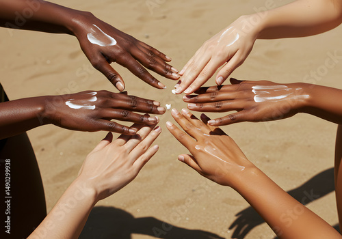 Diverse hands applying sunscreen