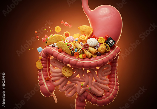 Digestive system illustration with food