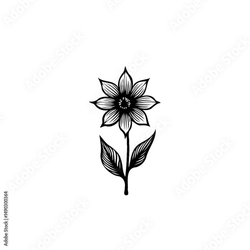 Botanical illustration of a blossoming flower with detailed petals and leaves
