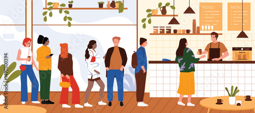 Long queue of people waiting for coffee from barista in coffee shop interior. Diverse group of characters standing in row, man behind counter serving hot drink for customers vector illustration