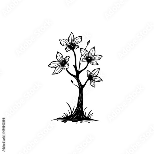 Elegant monochrome floral sketch depicting budding tree with delicate blossoms