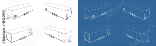 vector 28' trailer enclosed Recreational Vehicle RV line art draw blueprint wireframe from all view top corner side back isolated in transparent background