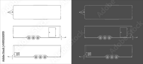 vector enclosed 28ft trailer hauler line art draw blueprint wireframe from all view top corner side back isolated in transparent background