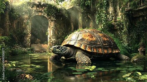 A large tortoise resting in a serene, overgrown pond near ancient ruins with sunlight filtering through