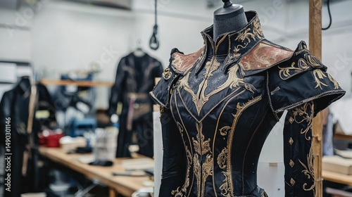 Ornate black and gold costume display in a  setting.