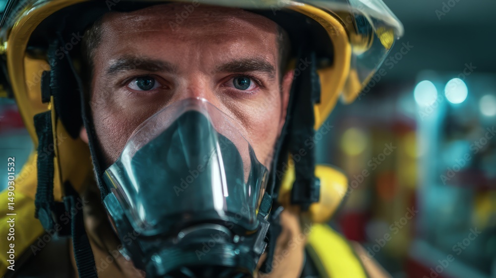 Fototapeta premium Brave firefighter in full protective gear facing intense flames