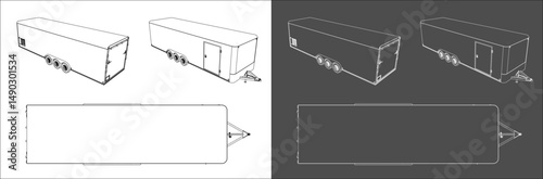 vector 28ft trailer enclosed line art draw blueprint wireframe from all view top corner side back isolated in transparent background
