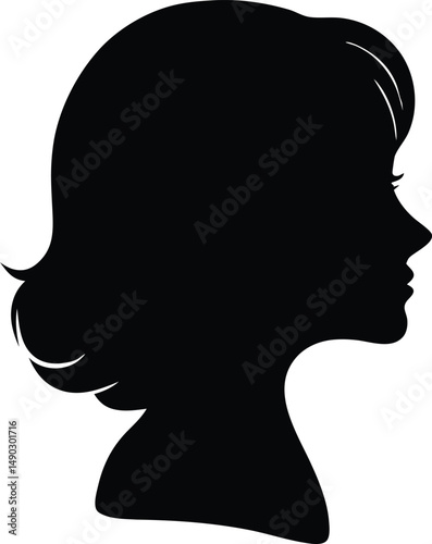 A black vector silhouette shows a woman's profile, an abstract art illustration of a human head