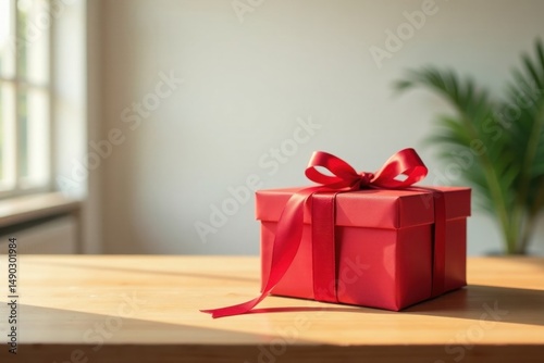 Wallpaper Mural A crimson gift box with a luxurious satin ribbon, sitting elegantly on a light wooden surface, bathed in warm sunlight, symbolizing a thoughtful present Torontodigital.ca