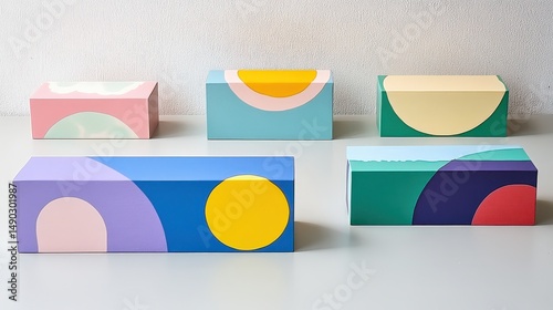 Colorful Geometric Boxes in Modern Design Arrangement on Surface