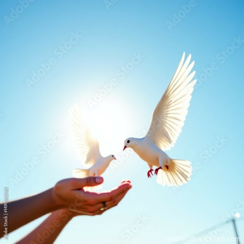 A symbolic image of white doves being released from human hands against a clear blue sky with warm sunlight, ultra hd, 16:9 ratio, sharp focus on feather details and wing motion, natural lighting

