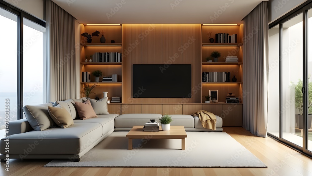 Fototapeta premium Minimalist elegance redefined this space blends clean lines, neutral tones, and natural elements for a refreshing home vibe. With floor-to-ceiling windows and a harmony of textures.