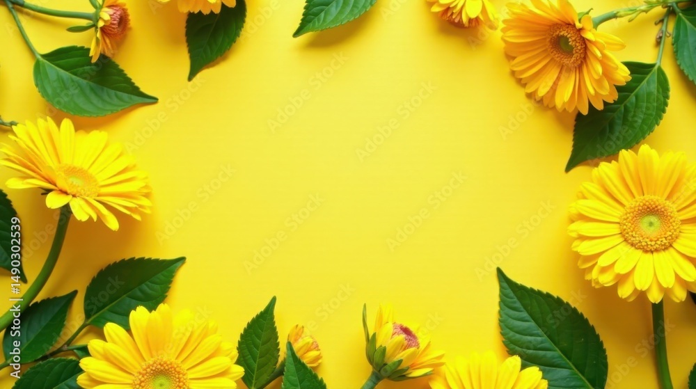 custom made wallpaper toronto digitalVibrant Yellow Gerbera Daisies and Lush Green Leaves Create a Cheerful Floral Frame on a Sunny Yellow Background, Perfect for Spring or Summer Designs