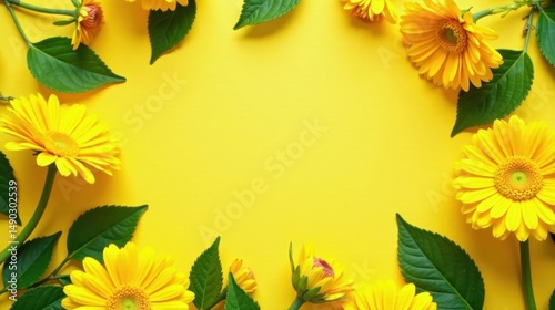 Wallpaper Mural Vibrant Yellow Gerbera Daisies and Lush Green Leaves Create a Cheerful Floral Frame on a Sunny Yellow Background, Perfect for Spring or Summer Designs Torontodigital.ca