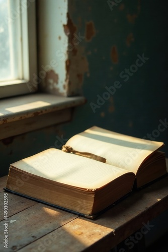 Wallpaper Mural An aged book rests open on a weathered wooden surface, bathed in sunlight streaming through a window, its pages revealing the passage of time and the stories held within. Torontodigital.ca