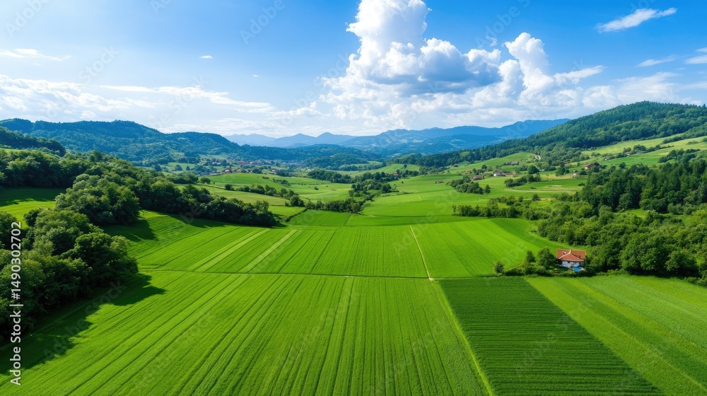 Fototapeta premium Lush green fields and distant hills aerial landscape agriculture farming