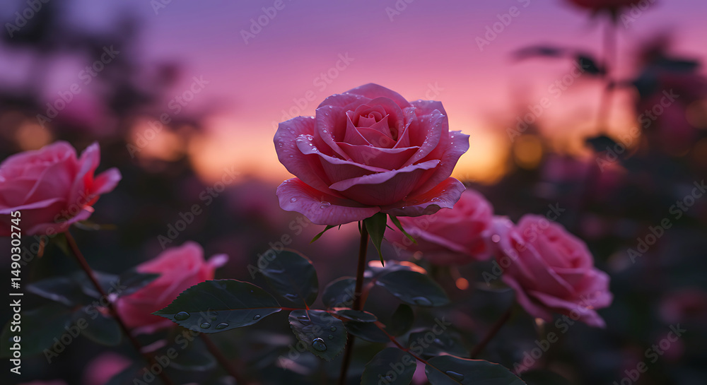 Obraz premium Vibrant Roses Glowing Under Soft Dusk Sky