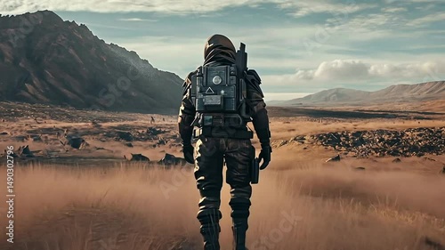 A lone astronaut explores a barren alien landscape, with distant mountains and clouds in the background