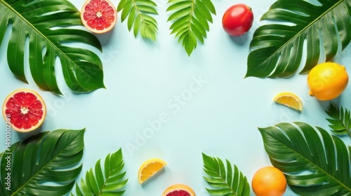 Wallpaper Mural Tropical Fruit and Lush Greenery Arranged on a Light Blue Background, Creating a Vibrant and Refreshing Summer Scene Ideal for Various Applications Torontodigital.ca