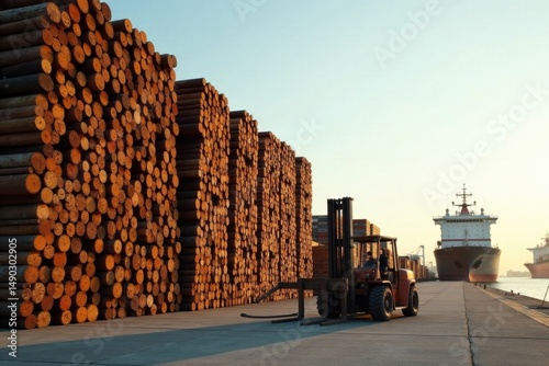 Wallpaper Mural A forklift operator maneuvers a heavy-duty machine near a massive stack of timber logs at a port facility, with a cargo ship visible in the background during the golden hour. Torontodigital.ca