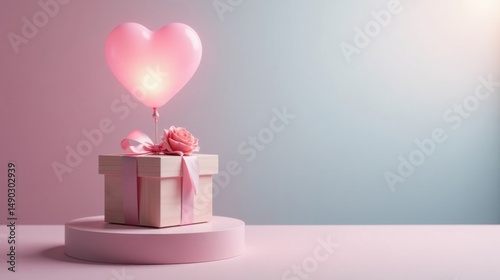 Wallpaper Mural A romantic heart-shaped balloon floats above a delicately wrapped present adorned with a single rose, creating a charming scene on a soft pink surface. Torontodigital.ca