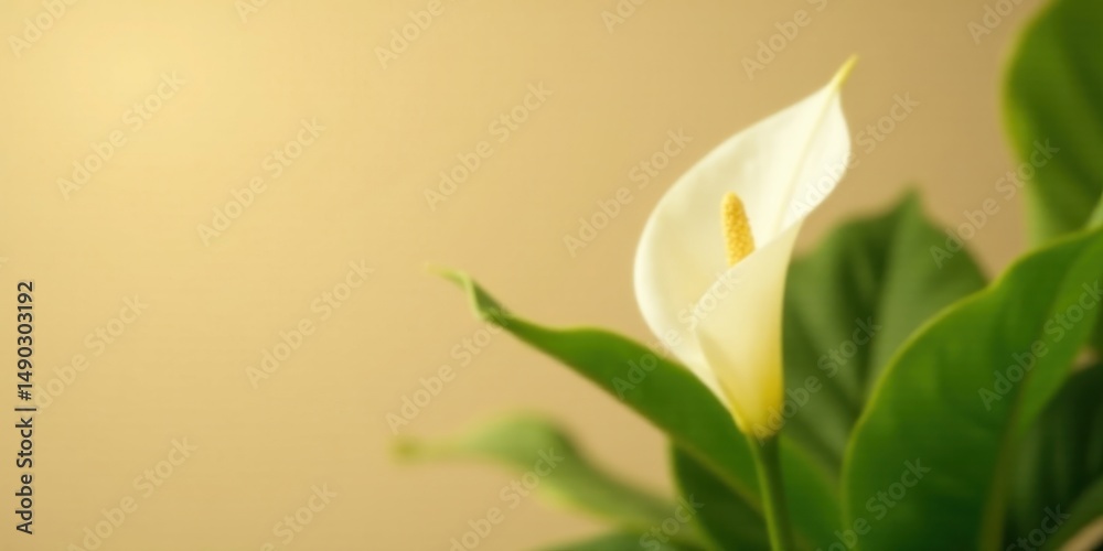 custom made wallpaper toronto digitalA Single Elegant White Calla Lily in Soft Focus Against a Warm Neutral Background, Displaying Delicate Petals and Vibrant Green Foliage