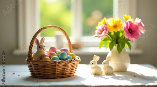 Wallpaper Mural A wicker basket filled with pastel-colored eggs and adorned with charming bunny figurines, rests on a sunlit table next to a vase of vibrant spring flowers, creating a delightful Easter scene. Torontodigital.ca