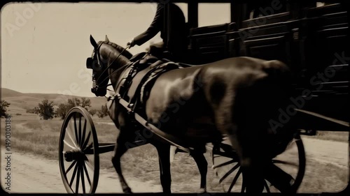 Stagecoach traveling on a dusty country road