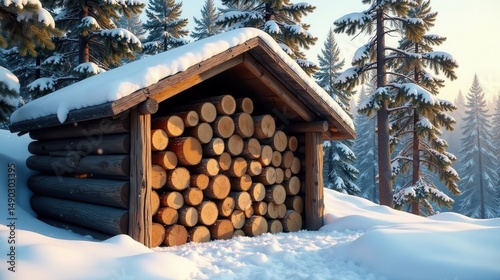 Wallpaper Mural Rustic winter woodshed filled with neatly stacked logs, covered in fresh snow, nestled amongst snow-laden evergreen trees during a picturesque sunrise Torontodigital.ca