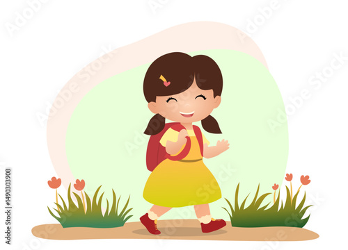 cute school girl child happily going to school vector
