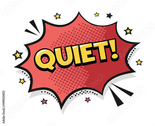 Comic Style Speech Bubble with Bold Yellow QUIET Text and Red Burst Background