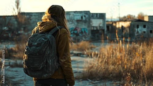A lone traveler exploring an abandoned urban landscape at sunset, with graffiti on walls