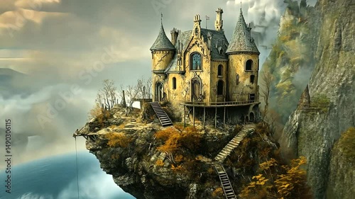 A majestic, ancient castle perched on a cliffside, surrounded by misty mountains and autumn foliage